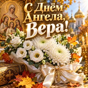 Открытка «С Днём Ангела, Вера!» Вере с белыми хризантемами