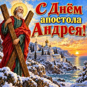 Открытка «С Днём апостола Андрея!» с монастырём у моря