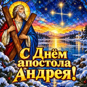 Открытка «С Днём апостола Андрея!» со звёздами над озером