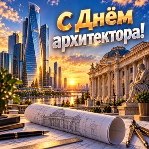 Открытка «С Днём архитектора!» с небоскрёбом на закате