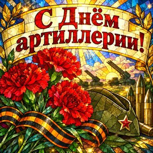 Открытка «С Днём артиллерии!» с гвоздиками и пилоткой