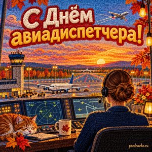 Открытка «С Днём авиадиспетчера!» с аэродромом и осенними деревьями в сиянии уютных фонариков