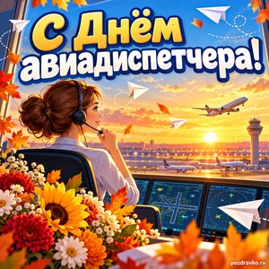 Открытка «С Днём авиадиспетчера!» с бумажными самолётиками и цветами при золотом солнечном свете