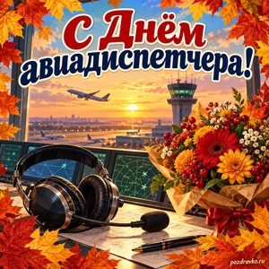 Открытка «С Днём авиадиспетчера!» с гарнитурой и букетом в рамке из кленовых листьев