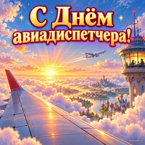 Открытка «С Днём авиадиспетчера!» с крылом над облаками