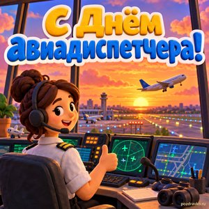 Открытка «С Днём авиадиспетчера!» с вышкой и самолётом