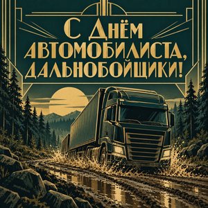 Открытка «С Днём автомобилиста, дальнобойщики!» с фурой на лесной дороге