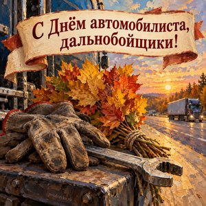 Открытка «С Днём автомобилиста, дальнобойщики!» с ключом и перчатками