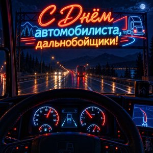 Открытка «С Днём автомобилиста, дальнобойщики!» с приборной панелью ночью