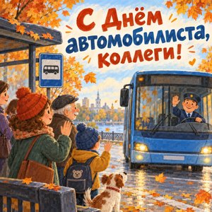 Открытка «С Днём автомобилиста, коллеги!» с автобусной остановкой
