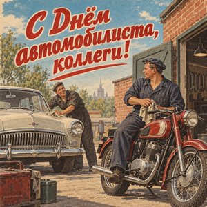 Открытка «С Днём автомобилиста, коллеги!» с мотоциклом и машиной