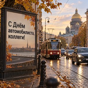 Открытка «С Днём автомобилиста, коллеги!» с трамваем и машинами