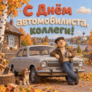 Открытка «С Днём автомобилиста, коллеги!» с «Волгой» в деревне
