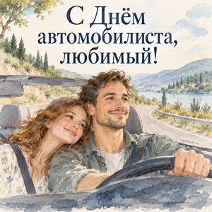 Открытка «С Днём автомобилиста, любимый!» с парой в машине