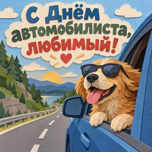 Открытка «С Днём автомобилиста, любимый!» с собакой в машине