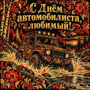 Открытка «С Днём автомобилиста, любимый!» с внедорожником в реке