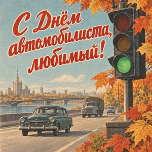 Открытка «С Днём автомобилиста, любимый!» с зелёным светофором