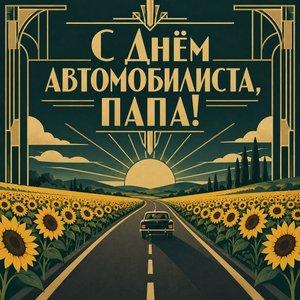 Открытка «С Днём автомобилиста, папа!» с машиной в подсолнухах