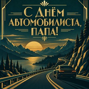 Открытка «С Днём автомобилиста, папа!» с серпантином на закате