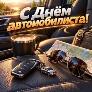 Открытка «С Днём автомобилиста!» с ключами и кофе