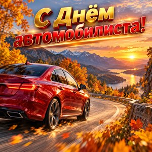 Открытка «С Днём автомобилиста!» с красной машиной на осенней дороге
