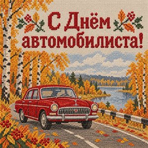 Открытка «С Днём автомобилиста!» с красным ретро-авто