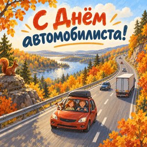 Открытка «С Днём автомобилиста!» с трассой через осенний лес