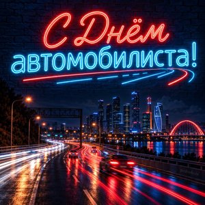 Открытка «С Днём автомобилиста!» со световыми полосами трассы