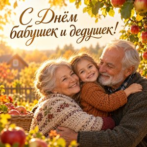 Открытка «С Днём бабушек и дедушек!» с бабушкой, дедушкой и внучкой в саду
