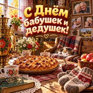 Открытка «С Днём бабушек и дедушек!» с пирогом и самоваром