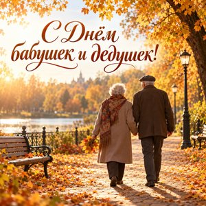 Открытка «С Днём бабушек и дедушек!» с пожилой парой в осеннем парке
