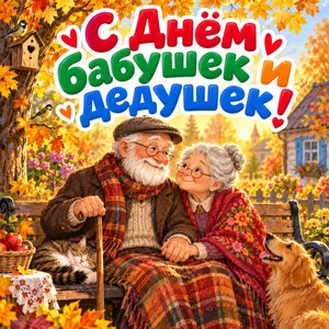 Открытка «С Днём бабушек и дедушек!» со скамейкой в саду