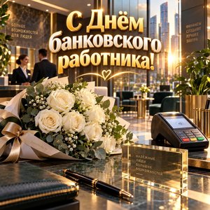Открытка «С Днём банковского работника!» с белыми розами в банке