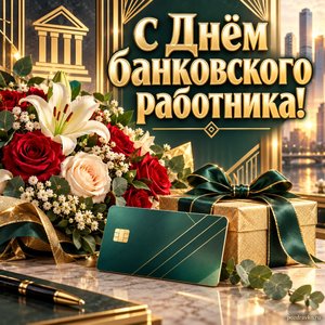 Открытка «С Днём банковского работника!» с букетом и картой