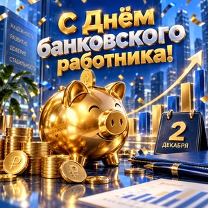 Открытка «С Днём банковского работника!» с копилкой и монетами
