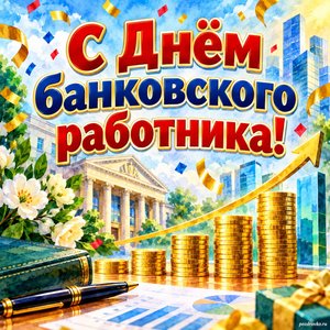 Открытка «С Днём банковского работника!» с монетами и графиком