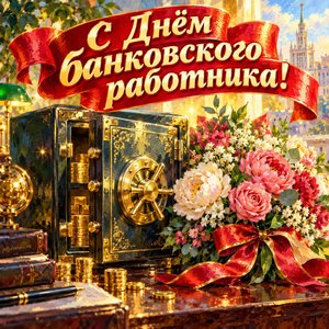 Открытка «С Днём банковского работника!» с сейфом и цветами