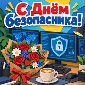 Открытка «С Днём безопасника!» с букетом у мониторов