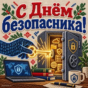 Открытка «С Днём безопасника!» с ключом и сейфом