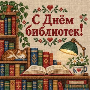 Открытка «С Днём библиотек!» с вышитой книжной полкой