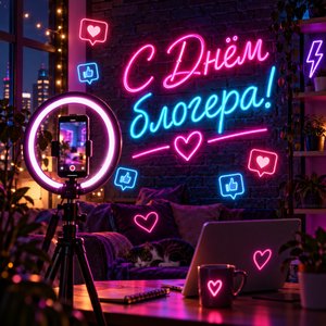 Открытка «С Днём блогера!» со смартфоном и кольцевой лампой