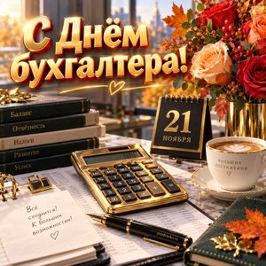 Открытка «С Днём бухгалтера!» с калькулятором и розами