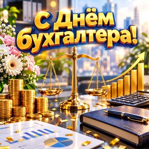 Открытка «С Днём бухгалтера!» с весами и монетами