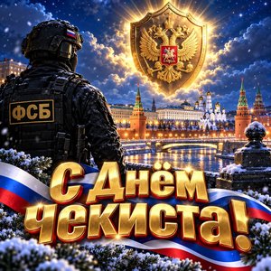 Открытка «С Днём чекиста!» со щитом над городом