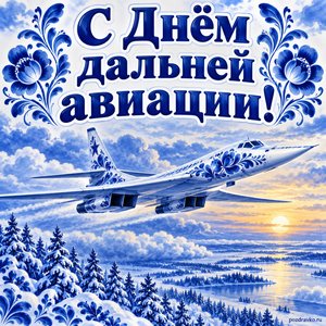 Открытка «С Днём дальней авиации!» с бомбардировщиком над облаками