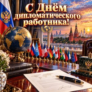 Открытка «С Днём дипломатического работника!» с глобусом и договором