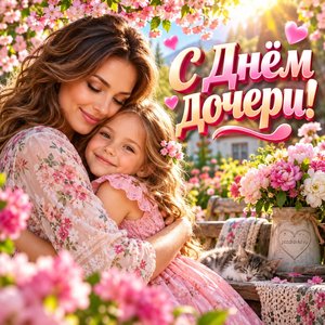 Открытка «С Днём дочери!» с мамой и дочкой в саду