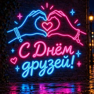 Открытка «С Днём друзей!» с неоновым сердцем