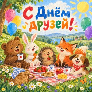 Открытка «С Днём друзей!» с пикником зверят