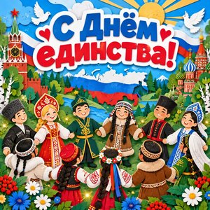 Открытка «С Днём единства!» с народами России в хороводе